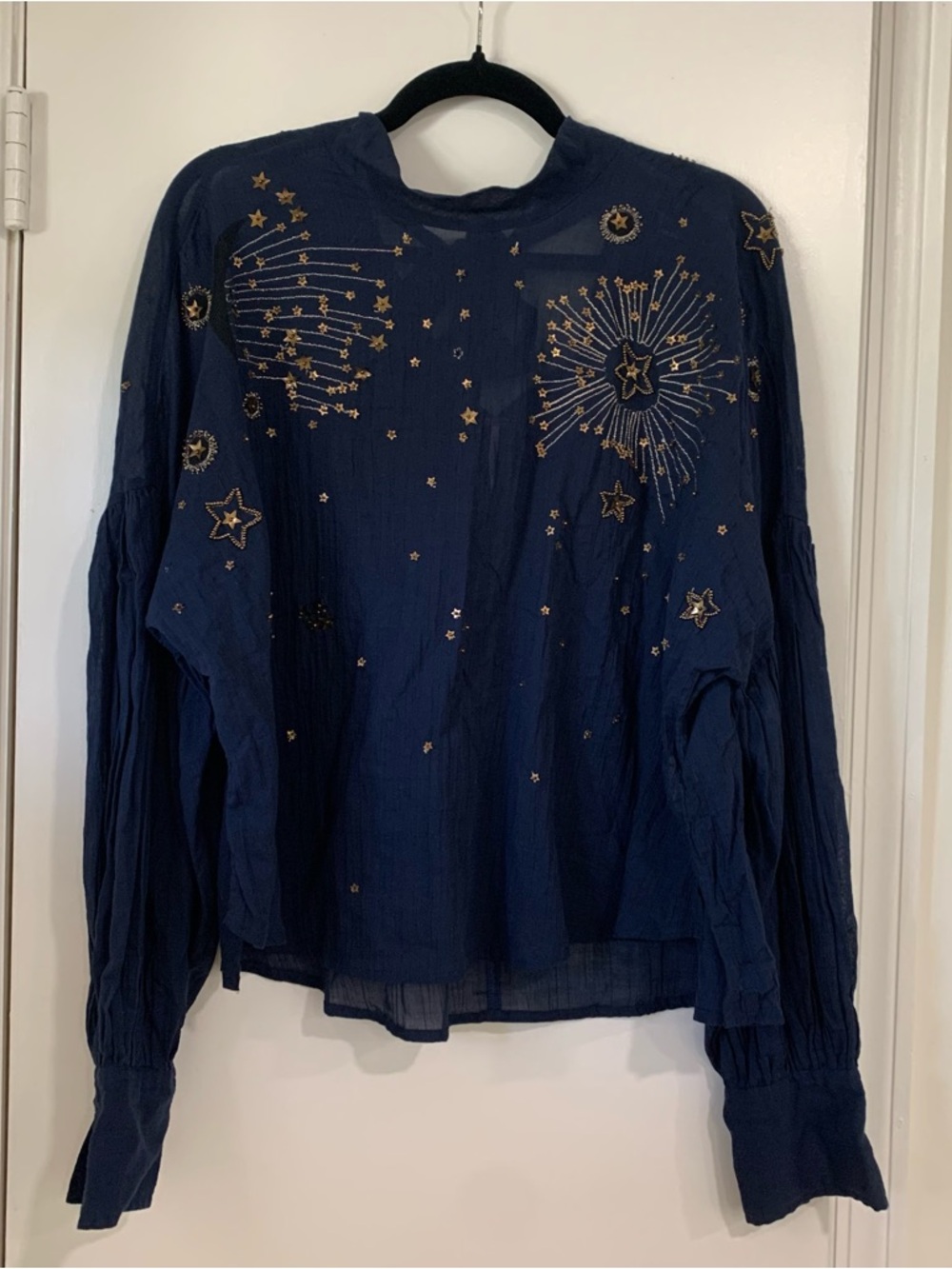 Free People Wishing on a Star Tie Back Blouse Beaded‎ Celestial Moon Stars Sz M